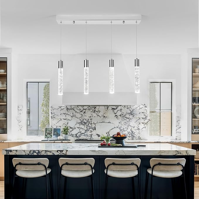 4-Light Chrome Integrated Crystal Pendant Chandelier,Dimmable LED Ceiling Light with Adjustable Height for Kitchen Island, Dining Room & Bedroom 3000K -6000K