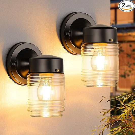 MATAMEYE Jelly Jar Outdoor Wall Lantern, Black Exterior Waterproof Wall Mount Lighting Fixture, Anti-Rust Front Door Sconce with Clear Ribbed Glass, E26 Socket Lights, 2 Pack