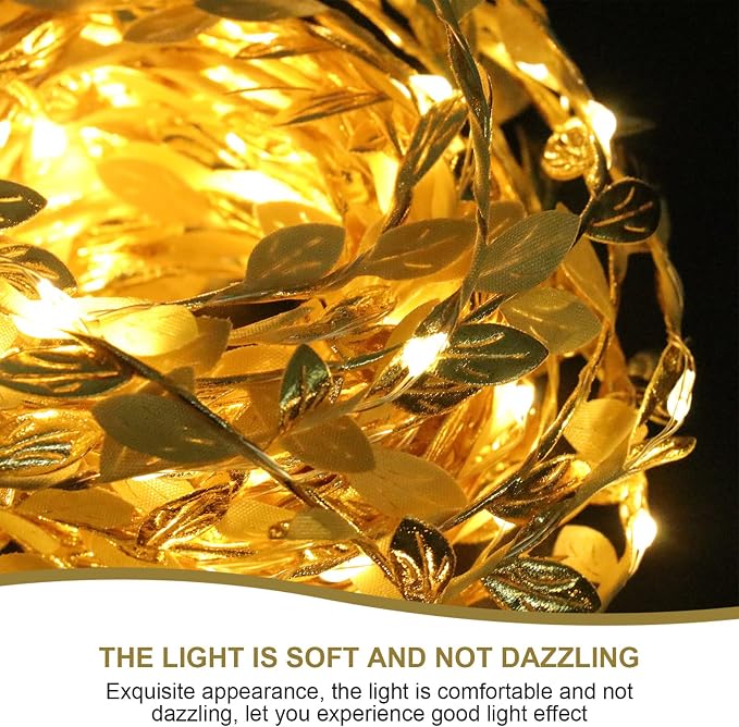 Uonlytech Gold Leaves String Light 100 LED Rattan Fairy Light Battery- Powered Copper Wire Light Window Curtain Haing Lamp for Indoor Outdoor Home Tree Garden Decor