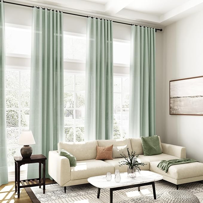 Nanspring Aqua Green Linen Curtains Semi Sheer 96 Inches Long 2 Panels Set for Living Room Back Tab Rod Pocket Light Filtering Drape for Bedroom Modern Farmhouse Coastal Decor Protect Privacy 52x96