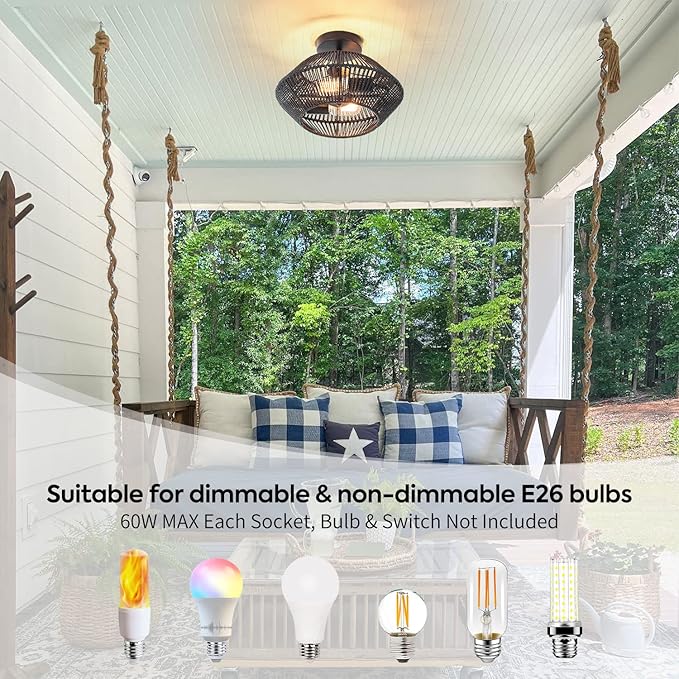 2-Lights Woven Rattan Ceiling Light Fixture, Black Farmhouse Hand-Woven Cage Semi Flush Mount Ceiling Light, Small Boho Coastal Basket Close to Ceiling Light for Bedroom Hallway Nursery Entryway