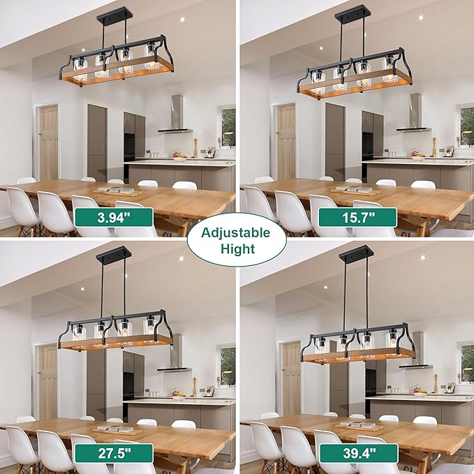 31.5" Farmhouse Chandeliers for Dining Room, 4-Light Kitchen Island Lights for Kitchen with Hand-blown Glass Shade, Faux Wood Black Kitchen Island Lighting Rustic Dining Room Light Fixtures over Table