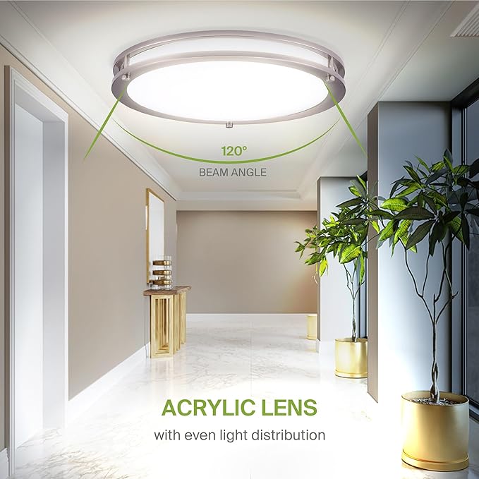 ASD LED 18" Round Flush Mount Lighting, Close to Ceiling Light Fixture | 3CCT, Dimmable, Energy Star, ETL Listed | 28W 2230LM 3000-5000K 120V | Low Profile Double Ring Lamp | Nickel