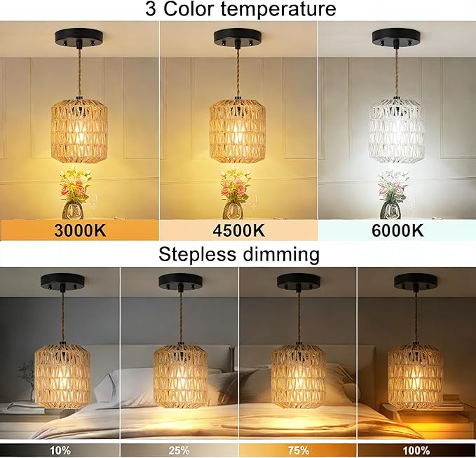 Battery Operated Pendant Light with Remote,Rechargeable Ceiling Light Fixture with 9 Colors Dimmable Bulb,Battery Powered Pendant Light for Home Decor Indoor Kitchen Island Bedroom(Black)