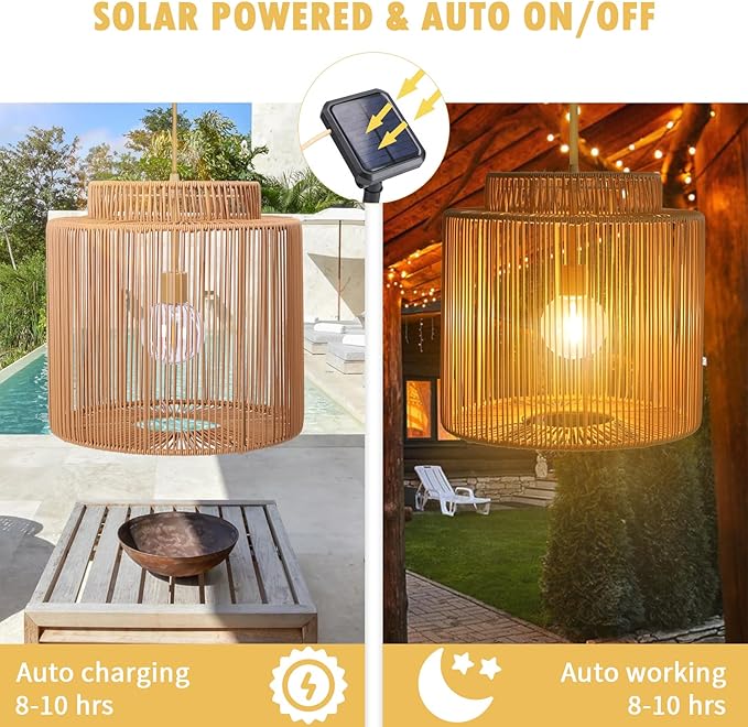 Solar Pendant Light Outdoor Hanging Lantern Solar Outdoor Chandelier with Remote Dimmable Waterproof Lantern Chandelier for Porch Patio Gazebo Garden Yard Decoration