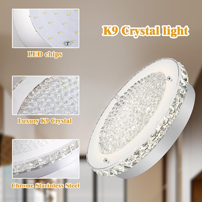 Crystal Ceiling Light Fixture 11" LED Crystal Bathroom Ceiling Light Fixtures Semi Flush Mount for Kitchen, Entryway, Foyer, Bathroom, Laundry Room, Cloakroom, Hallway 4000K (Dimmable)