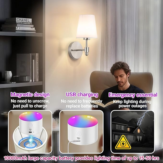 YHCDLAMP Battery Operated Wall Sconces Set of Two, Rechargeable Wireless Wall Lights with 10000mAh RGB Dimmable Detachable Bulb, Battery Sconces Wall Decor with Remote for Bedroom Living Room Hallway