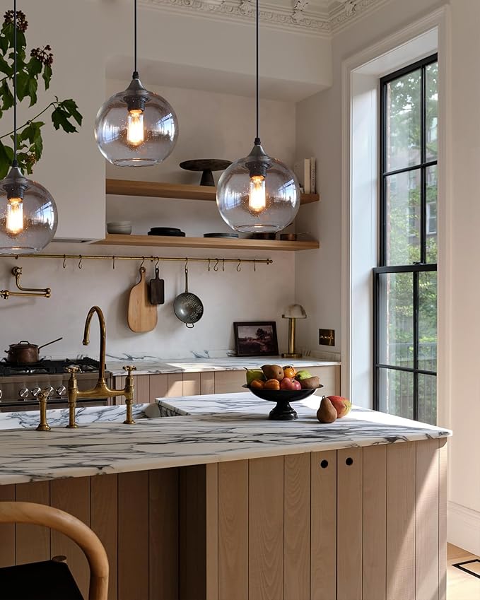ARIAMOTION Globe Pendant Lights Kitchen Island 3 Pack Hand Blown Glass Modern Rustic Lighting Clear Seeded Bubbles Dining Room Table Coffee Bar Counter Brushed Nickel Lamp 7.4 Inch Diam