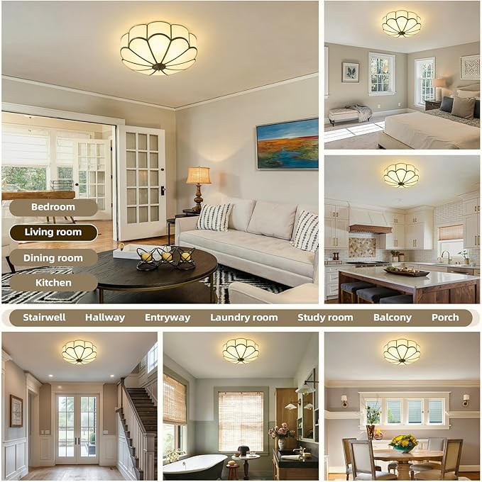 Vintage Black Glass Ceiling Light - Large 17.7 Inch Bronze Mid Century Flush Mount Lighting Fixtures - Art Deco Antique Modern Lamps for Hallway Bedroom Kitchen Entryway Farmhouse Foyer Bathroom Hall