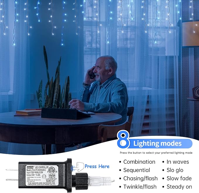 Icicle Lights Outdoor Decorations 300 LED 33ft 8 Modes Curtain Fairy String Light with 50 Drops, LED String Light Indoor for Wedding Party Holiday Christmas Decorations,Blue+White