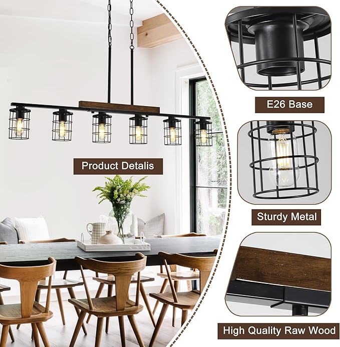 47.2" Farmhouse Kitchen Light Fixture, Black Hanging Kitchen Chandelier, 6-Light Rustic Dining Room Light Adjustable Height with Wood and Metal Frame, Suit for Farmhouse, Industrial Style
