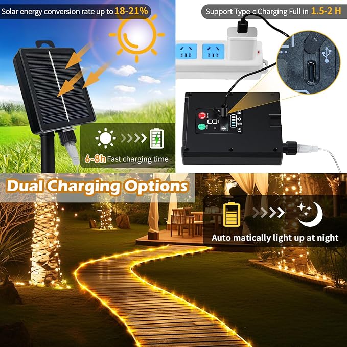 LairtPOW Solar Rope Lights with Remote for Palm Tree,39FT 100LEDs Outdoor Solar Strip Lights for Garden,IP67 Waterproof,USB Charging, Timing & 8 Modes Larger Tube Fairy Light for Christmas(Warm White)