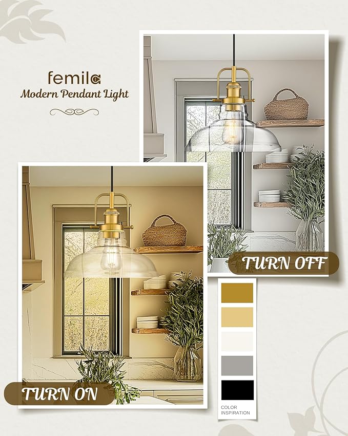 FEMILA 11" Gold Pendant Light Fixture, Vintage Pendant Lighting with Clear Glass Shade for Kitchen Island, Adjustable Hanging Light, Brushed Gold Pendant Lights, 4FY09-MP BG
