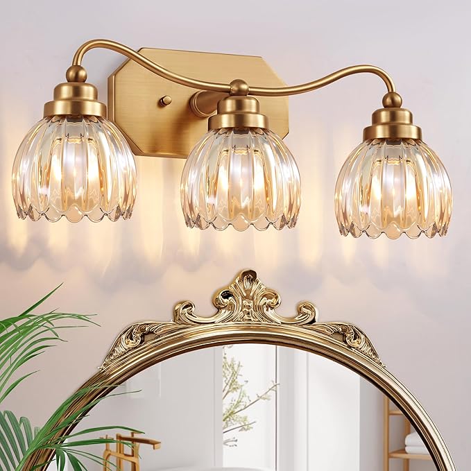 Vintage Bathroom Light Fixtures, 3 Light Gold Bathroom Vanity Light, Matte Antique Brass Finish with Amber Crystal Glass Shade, Wall Sconces Lighting for Bedroom, Living Room（Amber-colored Glass）