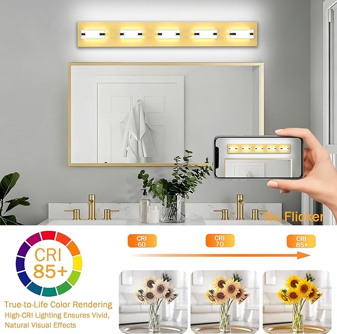 LED Bathroom Light Fixtures, 5-Light Modern Vanity Lights with Milky White Frosted Acrylic Shades, Gold Bathroom Lighting fixtures Over Mirror, ETL Listed, 35W (Cool White 5700K)