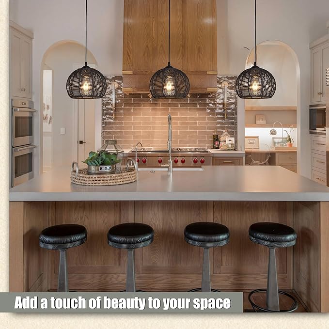 Ayshwill Dec Black Woven Boho Chandelier Wicker Rattan Dome Pendant Light Fixture for Dining Room Bedroom Kitchen Island (Bulb Included)