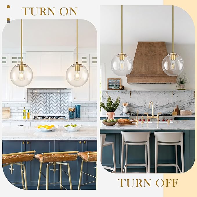 Bagood 10" Globe Pendant Light Gold 2 Pack Mid Century Pendant Light Globe Pendant Lights Kitchen Island Brushed Brass Finished with Clear Glass Adjustable Ceiling Light Fixtures for Dining Room Bar