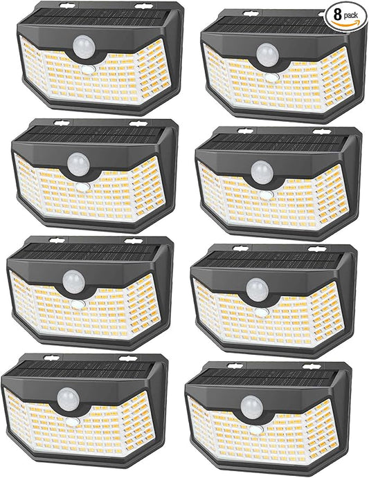 HMCITY 120 LED Outdoor Solar Lights- with Motion Sensor and 3 Lighting Modes, IP65 Waterproof Wide Solar Wall Lights Ideal for Garden Patio Yard (Front Button 8Packs, Black Shell-Warm White)