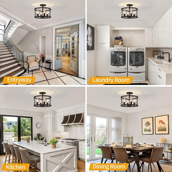 Black Semi Flush Mount Ceiling Light, 4-Light Farmhouse Modern Ceiling Light Fixture, Hallway Light Fixtures, Kitchen Lights, Ceiling Lamp for Entryway Bedroom Laundry Dining Room Lighting Fixtures