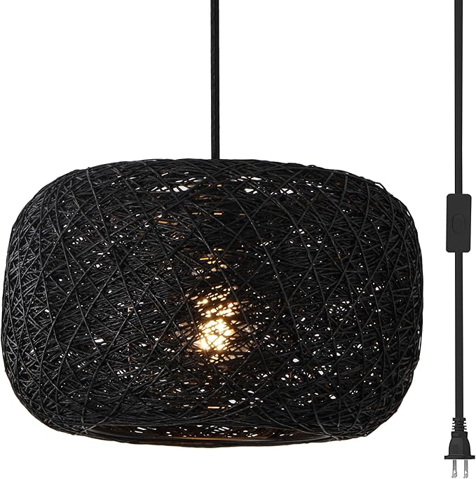 Plug in Pendant Light with Woven Rattan Lampshade, 12” Boho Hanging Lamp with 15FT Cord & On/Off Switch, E26 Socket, Ceiling Hook Installation for Bedroom Living Room Dining Nook Apartment
