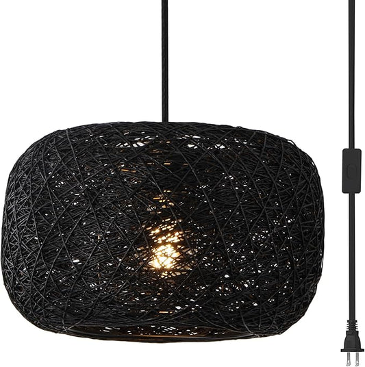 Plug in Pendant Light with Woven Rattan Lampshade, 12” Boho Hanging Lamp with 15FT Cord & On/Off Switch, E26 Socket, Ceiling Hook Installation for Bedroom Living Room Dining Nook Apartment