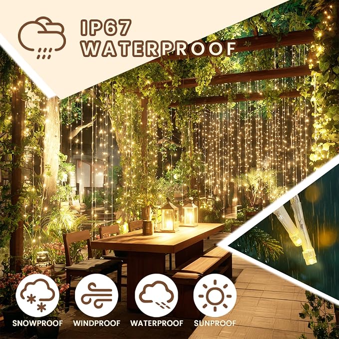 9.8x9.8Ft Curtain String Lights Plug in, 300 Warm White LED Curtain Lights with Remote,Timer,Memory,Waterproof Clear Wire for Indoor Outdoor Bedroom Window Decor