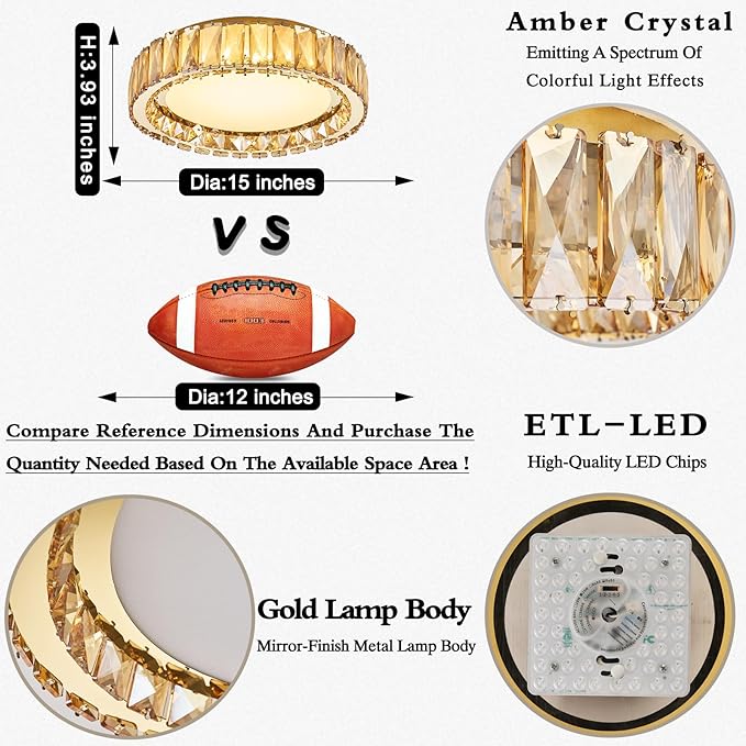 Amber Crystal Dimmable Flush Mount Ceiling Light, Gold Modern LED Close to Ceiling Light Fixture with 5CCT 2700K-6000K, Round Kitchen Lighting for Bedroom,Laundry Room, Hallway, Living room (15in 36W)