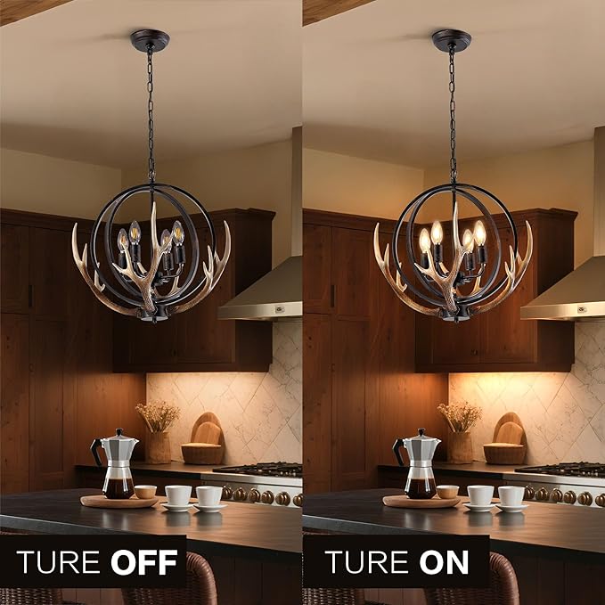 Farmhouse Antler Pendant Light – 19.3"x18.1" Metal Globe and Resin Antlers, E12 Base, Brown Indoor Hanging Light for Kitchen Dining Room