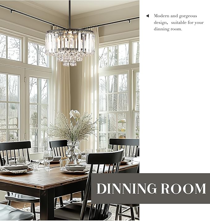 4-Tier Crystal Chandelier, Modern Black Chandelier, 3-Light Pendant Light for Dinning Room Kitchen Island Bedroom Entryway, CC4215-3W-BK