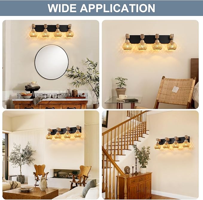 LmnLvn Farmhouse Bathroom Light Fixture, 4-Light Boho Vanity Light, Bamboo Bathroom Light Fixture Over Mirror Rustic Vanity Lighting with Handmade Bamboo Shades, Suit for Restroom, Bedroom, Hallway