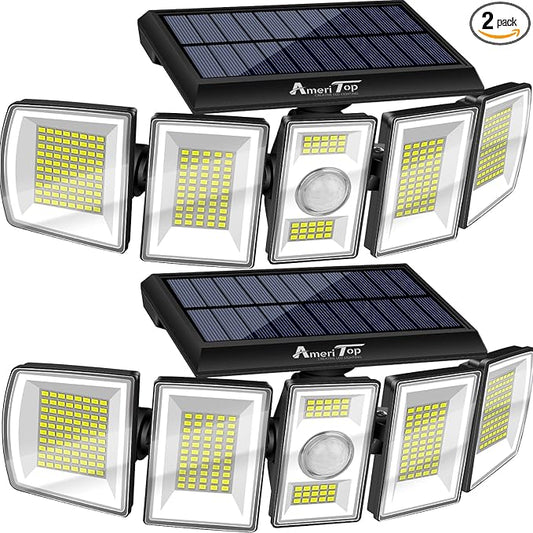 AmeriTop Solar Lights Outdoor 300 LED 6500K Motion Sensor Lights Cordless; 5 Adjustable Heads, 360° Wide Angle Illumination, IP65 Waterproof, Security Flood Light for Patio Yard Garden 2 Pack