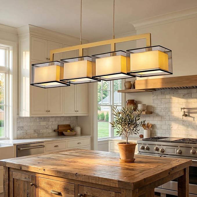 Modern 4-Light Linear Chandelier,Kitchen Island Light with Fabric Drum Shade, Adjustable Height Rectangular Pendant for Dining Room, Living Room, Hallway (L44 INxW7 in xH11 in)
