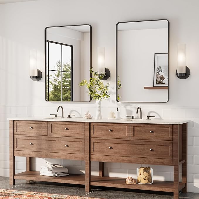 TETOTE Black Wall Sconces Set of Two Modern Bathroom Wall Light Fixtures Farmhouse Wall Lights with Frosted Glass Shade for Mirror Bedroom Living Room