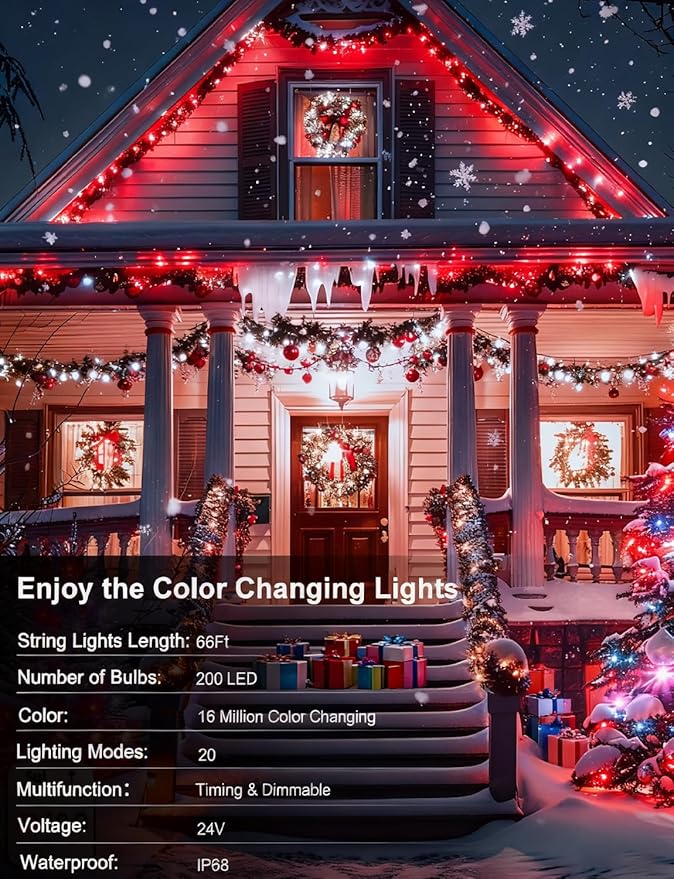 echosari Smart Christmas String Lights, 200 LED 66Ft Color Changing Fairy Light with App, Music Sync RGB Built in Chip for Bedroom Party Tree Decor (Clear Wire)