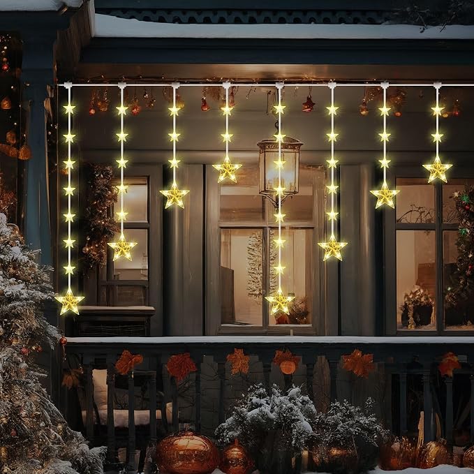 Aurelema 63 Stars Curtain Lights Plug in 9.8 ft 111 LED Christmas Hanging String Light with Remote, 8 Modes Curtain Window Lights for Xmas Home Indoor Outdoor Party Decor(Warm White)