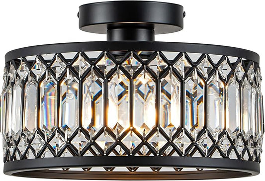Crystal Ceiling Light Fixture, Modern Flush Mount Ceiling Light, Black Crystal Chandelier for Kitchen Bedroom Bathroom Entryway Hallway