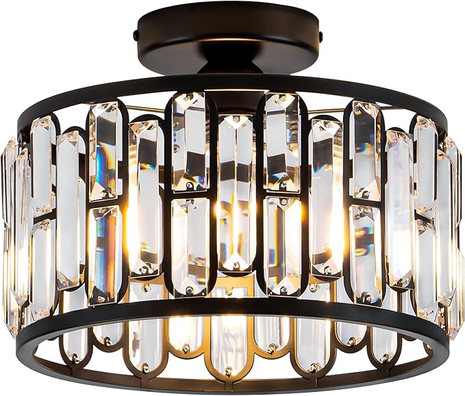 Crystal Ceiling Light Fixture - Modern Semi Flush Mount Chandelier with Crystals for Bathroom Bedroom Entryway Hallway Closet 1 Light 11.6" Diameter