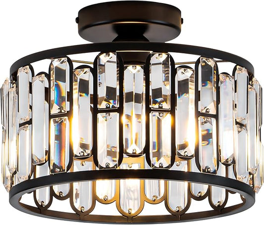 Crystal Ceiling Light Fixture - Modern Semi Flush Mount Chandelier with Crystals for Bathroom Bedroom Entryway Hallway Closet 1 Light 11.6" Diameter