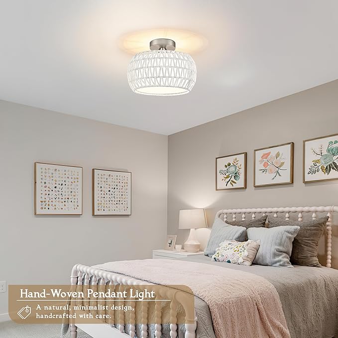 12.6 inch White Rattan Ceiling Light Fixture Hand-Woven Rattan Chandelier Boho Ceiling Light Fabric Shade Boho Chandelier for Kitchen Dinning Room (Bulb Incl.)