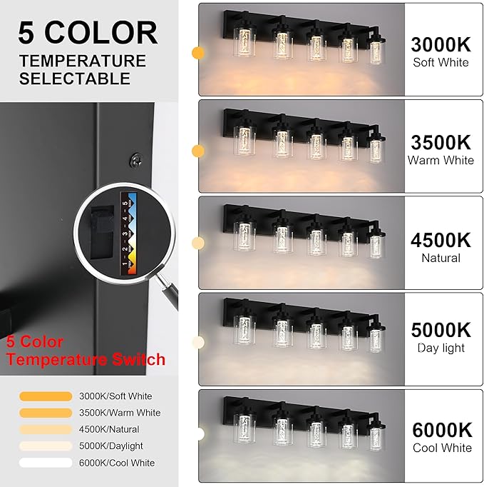 MELUCEE 6-Light Dimmable LED Bathroom Light Fixtures in Black Finish, Modern Bubble Crystal Vanity Lights for Bathroom 5CCT LED Wall Light Fixture with Clear Glass Shade, Built-in Led Chips