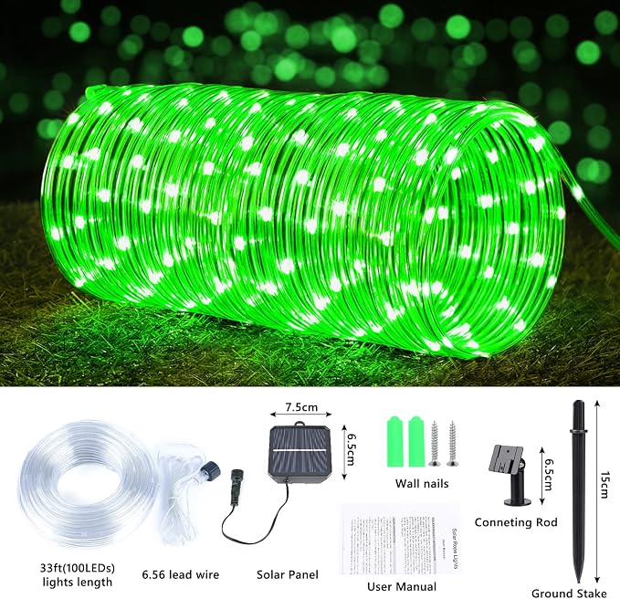 Jnaurb Solar Rope Lights, 33ft 100LED Solar String Lights, 8 Modes Waterproof Solar Outdoor Light, Flexible Clear Trampoline Light for Garden Backyard Patio Deck Porch, Pool Tree Decoration - Green