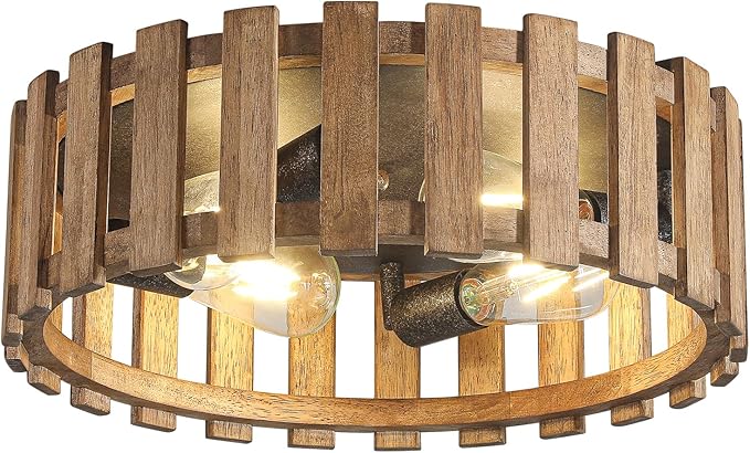Farmhouse Flush Mount Ceiling Light, 17 Inch 4-Light Wood Close to Ceiling Light Fixture, Retro Hallway Light Fixtures Ceiling, Rustic Drum Ceiling Light for Kitchen Entry Living Room