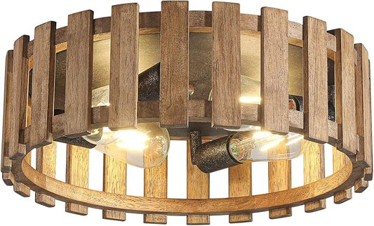 Farmhouse Flush Mount Ceiling Light, 17 Inch 4-Light Wood Close to Ceiling Light Fixture, Retro Hallway Light Fixtures Ceiling, Rustic Drum Ceiling Light for Kitchen Entry Living Room