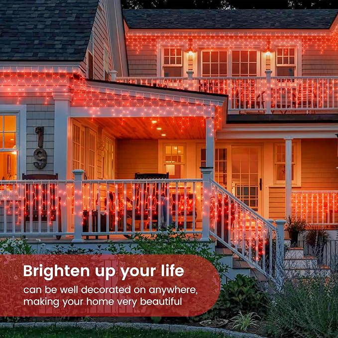 Hopolon 33FT 360L LED Icicle String Lights - Outdoor, Waterproof, 8 Modes, With 60 Drops - Curtain Lights for Indoor/Outdoor Decorations (Red)