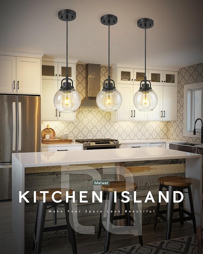 Pendant Lights Kitchen Island, 7" Matte Black Pendant Light Fixtures Over Island with Globe Clear Glass Shade, Farmhouse Hanging Lights for Dining Room Entryway, PL125-MB-1PK