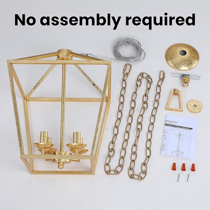 Untrammelife 4-Light Gold Lantern Pendant Light, Adjustable Height Metal Geometric Light Fixture 12'' Classic Cage Chandelier for Kitchen Island Hallway, Hand-Pasted Gold Foil Finish