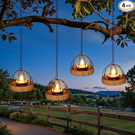 KOOPER Hanging Solar Lanterns Outdoor Waterproof, 4 Pack Flickering Solar Powered Tea Lights, Rust Iron Ball Candle Holder Hanging Solar Lights for Backyard Garden Patio Yard Fence Tree Decoration