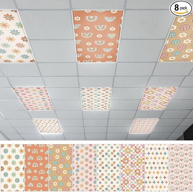 QOUBAI 8 Pcs Fluorescent Light Covers, 4 x 2 Ft Magnetic Light Filters Boho Groovy Fluorescent Lights Shade Easy Install for Classroom Office Library Hospital Home Ceiling Hippie