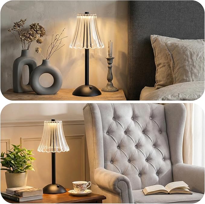 Liliful 4 Pcs Cordless Table Lamp Rechargeable Touch LED Small Gold Portable Battery Operated USB-c Desk Lamp 3 Color Dimmable for Bedroom Living Room Dining (Black,Rose Style)