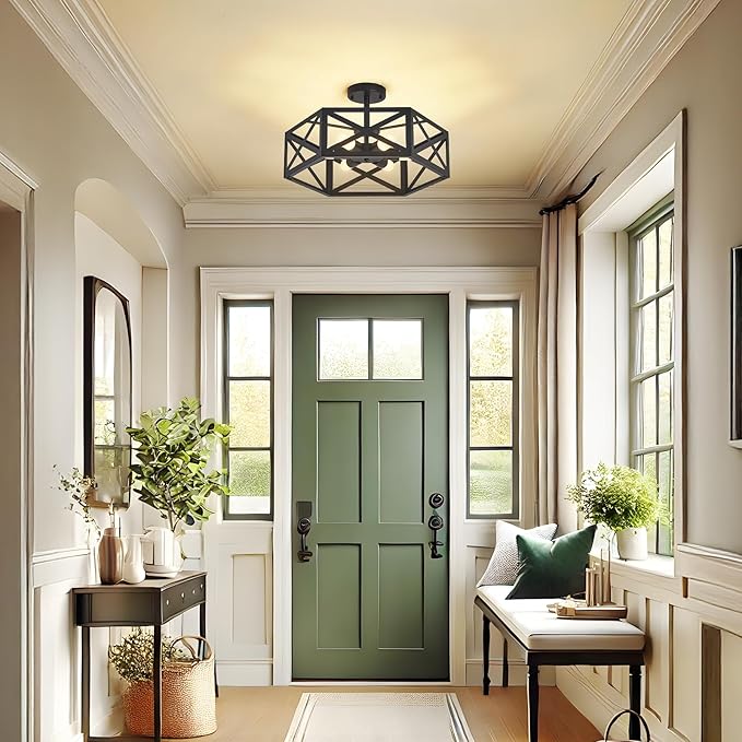 Modern Semi Flush Mount Ceiling Light with Remote Control,19.7" 6-Light Hexagon Flush Mount Ceiling Lights for Dining Room Light Fixture,Farmhouse Kitchen Island Lighting Fixtures for Hallway